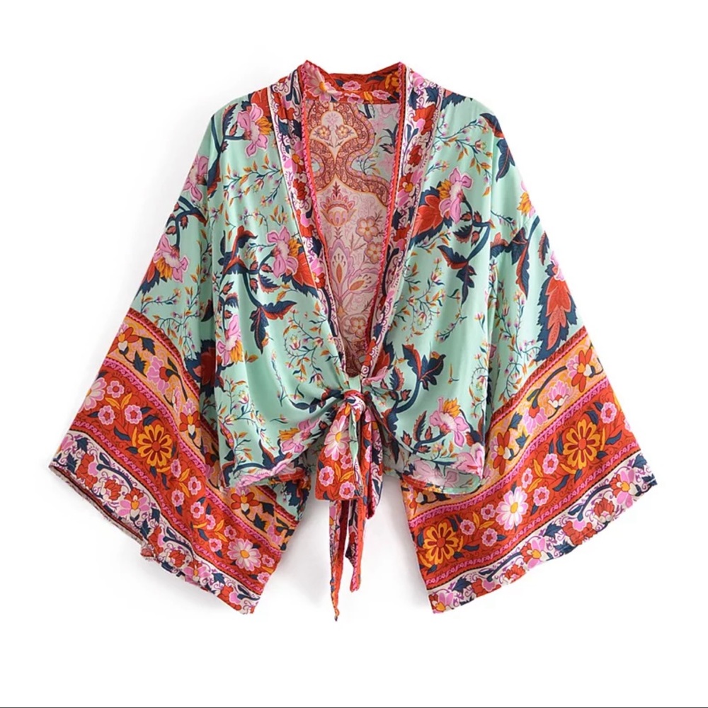 Vintage Summer Print Blouse Top/Cover Up- “Blue Pink”